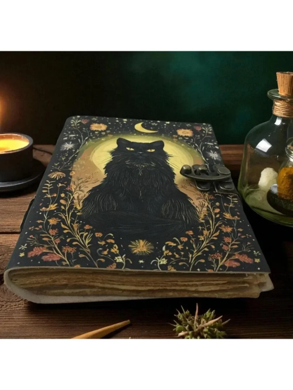 Black Cat & Crescent Moon Leather Journal